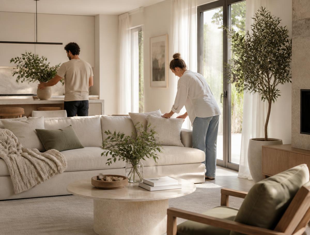 Two team members working together in a bright, tidy home with soft natural light