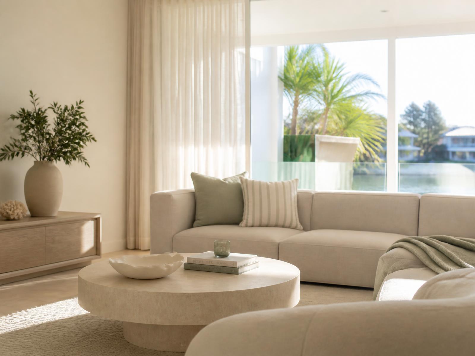 Sunlit, calm living room in a Gold Coast home