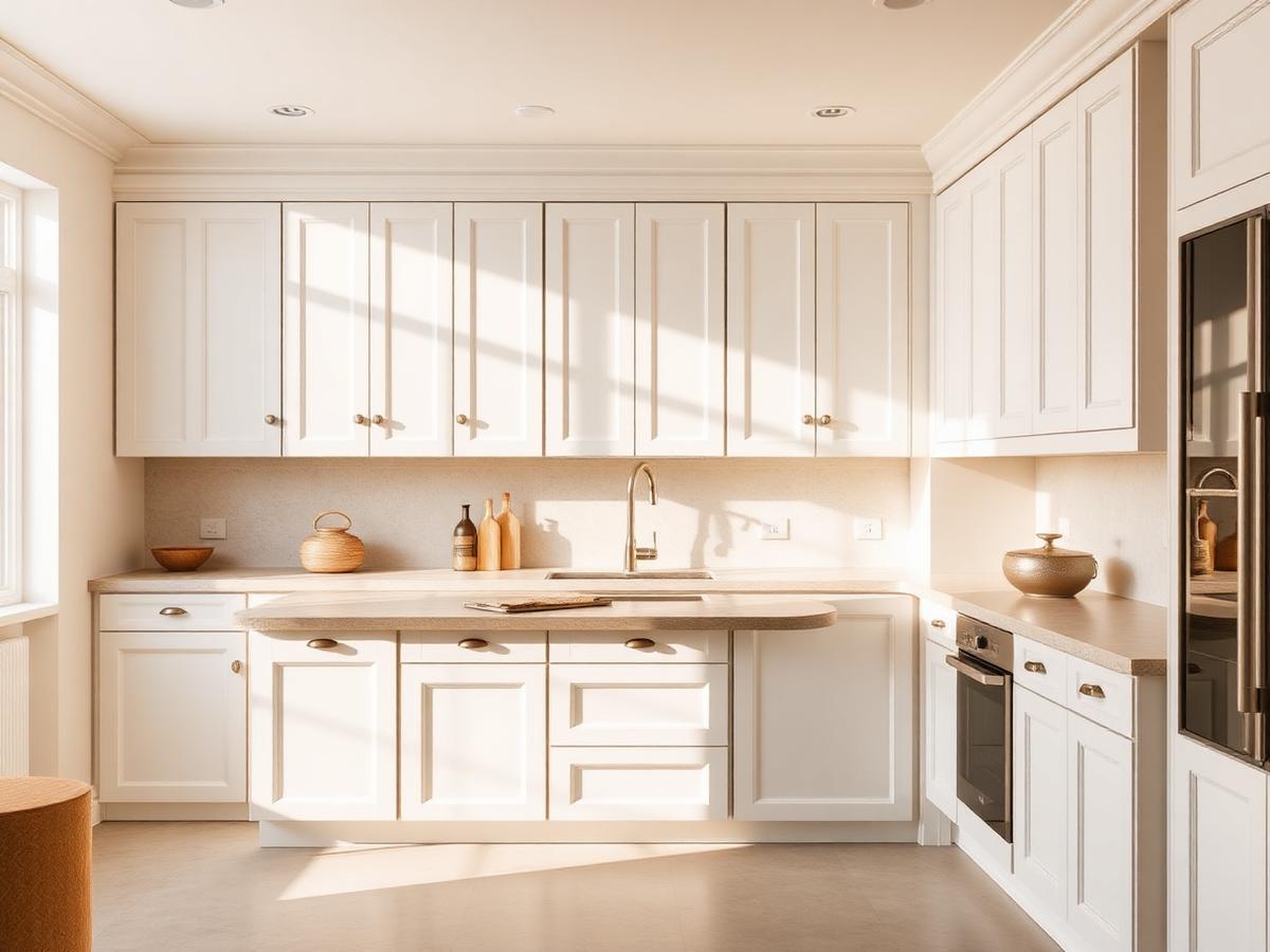 Clean, sunlit kitchen with stone benchtops